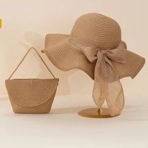 🆕 New 2pcs Set Khaki Summer Beach Sun Wave Bow Hat & Crossbody Shoulder B…